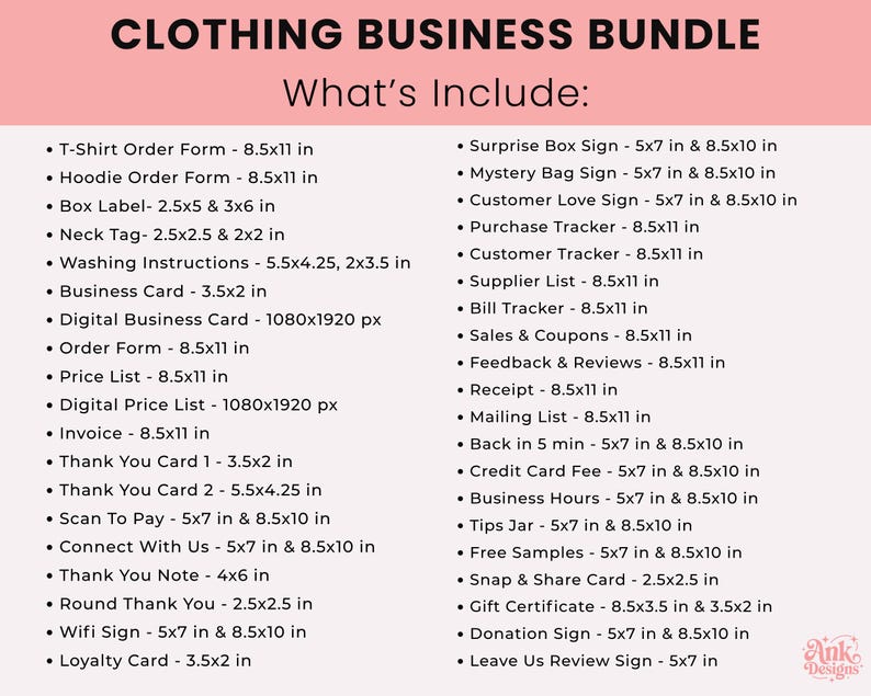 Puede incluir: Gr&aacute;fico rosa y blanco con el texto "CLOTHING BUSINESS BUNDLE" y una lista de elementos incluidos, como formularios de pedido, etiquetas y letreros. Las medidas est&aacute;n en pulgadas.