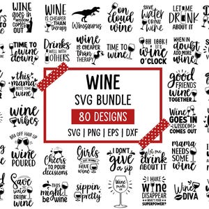 Peut inclure: Un ensemble de 80 motifs SVG sur le thème du vin, avec diverses citations et illustrations. Les motifs incluent des phrases comme "Le vin est moins cher que la thérapie" et "Time to wine down", parfaits pour les projets de création.