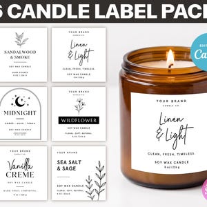 Puede incluir: Un conjunto de seis etiquetas cuadradas blancas para velas con texto negro e ilustraciones botánicas, que incluyen nombres como Sandalwood & Smoke, Linen & Light, Midnight, Wildflower, Vanilla Creme y Sea Salt & Sage, junto a un frasco de vela ámbar.