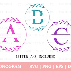 May include: Three monogram designs with the letters A, B, and C, each enclosed in a circle and framed by a floral wreath. The letters are in pink, teal, and purple. The text "LETTER A-Z INCLUDED" and "MONOGRAM" are also present.