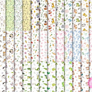 May include: A selection of patterned digital papers with diverse designs. The patterns include floral, animal, and bow motifs in various colours. The animal patterns feature cute illustrations of animals such as foxes, bunnies, and alligators.