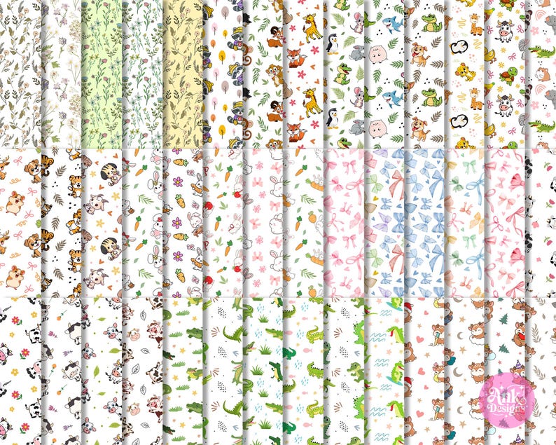 May include: A selection of patterned digital papers with diverse designs. The patterns include floral, animal, and bow motifs in various colours. The animal patterns feature cute illustrations of animals such as foxes, bunnies, and alligators.