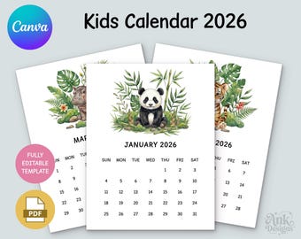 Calendario imprimible 2026 para niños: Calendario de educación en casa con temática de animales, plantilla editable