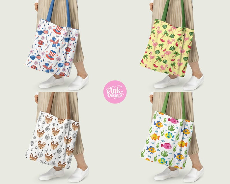 May include: Four tote bags are displayed, each with a unique pattern. One features a patriotic design with fireworks and a poodle. Another has flamingos and watermelon on a yellow backdrop. A third showcases deer heads and leaves. The last has colourful fish.