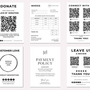 Puede incluir: Un conjunto de seis tarjetas blancas con texto y gr&aacute;ficos en negro. Las tarjetas incluyen una solicitud de donaci&oacute;n, una factura, una tarjeta de 'con&eacute;ctate con nosotros' con c&oacute;digos QR, una tarjeta de amor al cliente, una pol&iacute;tica de pago y una tarjeta de 'd&eacute;janos una rese&ntilde;a'.