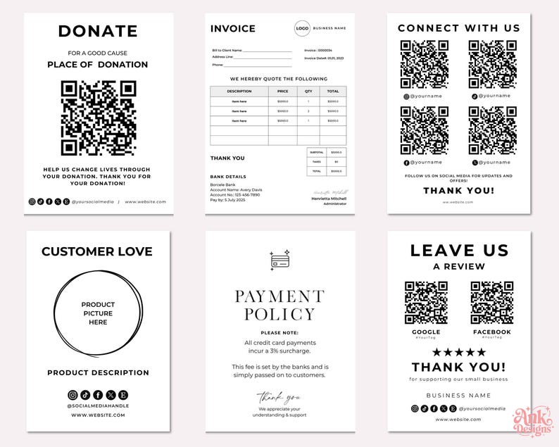 Puede incluir: Un conjunto de seis tarjetas blancas con texto y gr&aacute;ficos en negro. Las tarjetas incluyen una solicitud de donaci&oacute;n, una factura, una tarjeta de 'con&eacute;ctate con nosotros' con c&oacute;digos QR, una tarjeta de amor al cliente, una pol&iacute;tica de pago y una tarjeta de 'd&eacute;janos una rese&ntilde;a'.