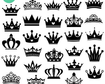 Puede incluir: Una colección de 27 siluetas de coronas negras dispuestas en una cuadrícula, con varios diseños con puntas, curvas y detalles de corazones. La imagen incluye el texto 27 CROWN SVG BUNDLE arriba y DIGITAL FILES - SVG, PNG, EPS, DXF abajo.