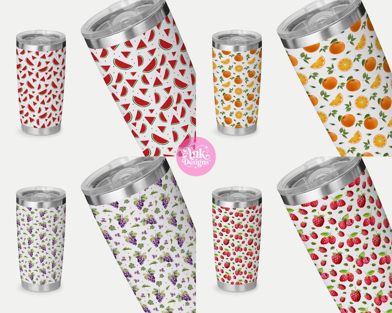 May include: A selection of stainless steel insulated tumblers featuring fruit patterns. Designs include watermelon slices, oranges, grapes, and raspberries on a white background. Each tumbler has a silver lid and a cylindrical shape.