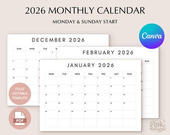 2026 Monthly Calendar: Monthly Planner Landscape (Sunday & Monday Start), Printable, Editable