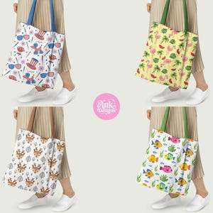 May include: Four tote bags with different patterns are shown. One has a patriotic theme with fireworks and Uncle Sam hats. Another features flamingos and palm trees on a yellow background. The third has deer heads and leaves, and the last has colorful fish.