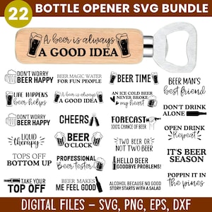 Op de afbeelding: Een houten flesopener met een roestvrijstalen opener. De houten handgreep heeft de tekst "A beer is always a good idea" en illustraties van bierglazen. De afbeelding bevat ook 22 SVG-ontwerpen met bierthema.