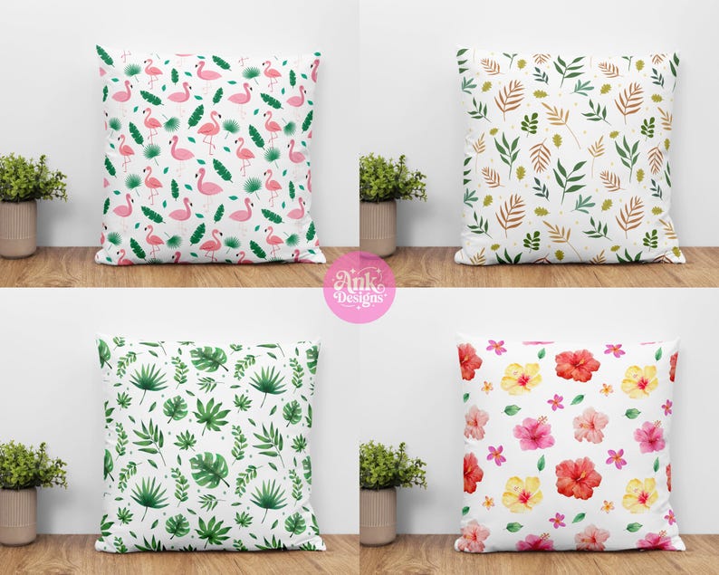May include: Four decorative throw pillows with white backgrounds. One pillow features pink flamingos and green leaves. Another has green and brown leaves. The third has green tropical leaves, and the last has red, pink, and yellow flowers.
