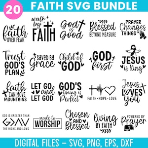 May include: A digital collection of 20 black graphic designs featuring religious phrases and symbols, including text like Faith Over Fear, God is Good, and Jesus Loves You, arranged in a grid format for use as SVG, PNG, EPS, and DXF files.