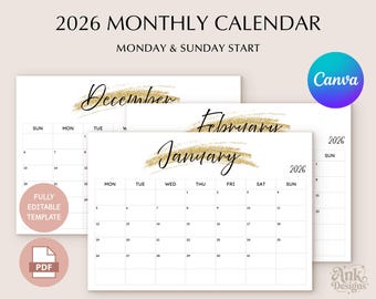 2026 Monthly Calendar: Monthly Planner Landscape (Sunday & Monday Start), Printable and Editable
