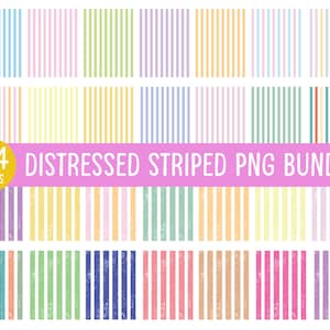 Puede incluir: Una colección de 104 imágenes PNG de rayas desgastadas en varios colores pastel, incluyendo azul, rosa, verde y amarillo. El texto "DISTRESSED STRIPED PNG BUNDLE" se muestra en el centro de la imagen.