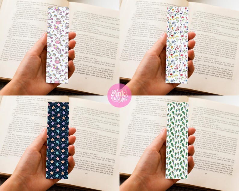 May include: Four decorative bookmarks with different designs. One features unicorns, another has colorful flowers, a third has stars, and the last has green leaves. The bookmarks are held over an open book.