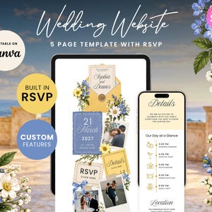 Butter Yellow & Cornflower Blue Wedding Website with RSVP Function: Editable Canva Template (Digital Download)