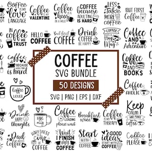 以下が含まれることがあります： 白黒のコーヒーをテーマにした50のデザインのSVGバンドル。デザインには、「コーヒーは私の愛の言葉」や「でも、まずコーヒー」など、コーヒーに関する引用句やフレーズが含まれています。