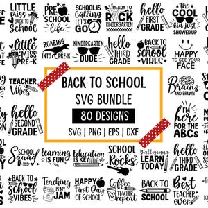 May include: A collection of 80 back-to-school SVG designs in black and white, with phrases like "School Vibes," "Hello First Grade," and "Teacher Life." The designs are suitable for various crafting projects, including apparel and decor.