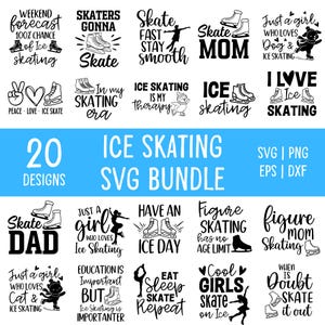 Op de afbeelding: Een bundel van 20 SVG-ontwerpen met het thema schaatsen. De ontwerpen bevatten zinnen als "Weekend forecast: 100% chance of ice skating", "Skate Mom" en "Cool girls skate on ice". Beschikbaar in SVG-, PNG-, EPS- en DXF-formaten.