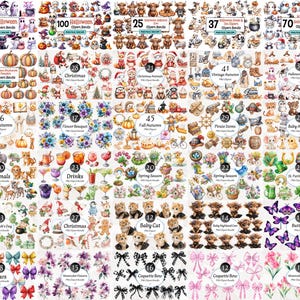 Pode incluir: Uma cole&ccedil;&atilde;o de v&aacute;rios pacotes de clip art digital, incluindo Halloween, Natal, animais, flores e temas sazonais. Cada pacote apresenta m&uacute;ltiplas ilustra&ccedil;&otilde;es, com t&iacute;tulos e n&uacute;meros exibidos. A arte inclui ab&oacute;boras, gatos e borboletas.
