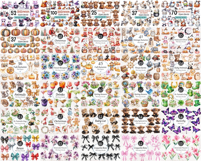Pode incluir: Uma cole&ccedil;&atilde;o de v&aacute;rios pacotes de clip art digital, incluindo Halloween, Natal, animais, flores e temas sazonais. Cada pacote apresenta m&uacute;ltiplas ilustra&ccedil;&otilde;es, com t&iacute;tulos e n&uacute;meros exibidos. A arte inclui ab&oacute;boras, gatos e borboletas.