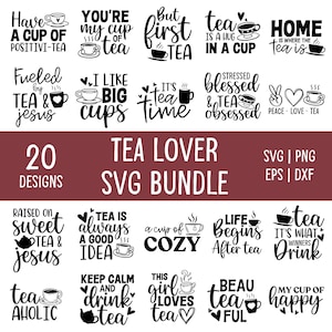 Könnte beinhalten: Ein Bundle mit 20 Tee-Themen-SVG-Designs, darunter Sprüche wie "Home is where the tea is" und "Tea is always a good idea". Das Paket enthält SVG-, PNG-, EPS- und DXF-Dateiformate. Für Teeliebhaber.