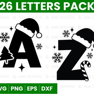 May include: Black and white Christmas-themed alphabet letters A and Z, each adorned with a Santa hat, snowflakes, and stars. The image includes the text "26 LETTERS PACK" and file type icons.