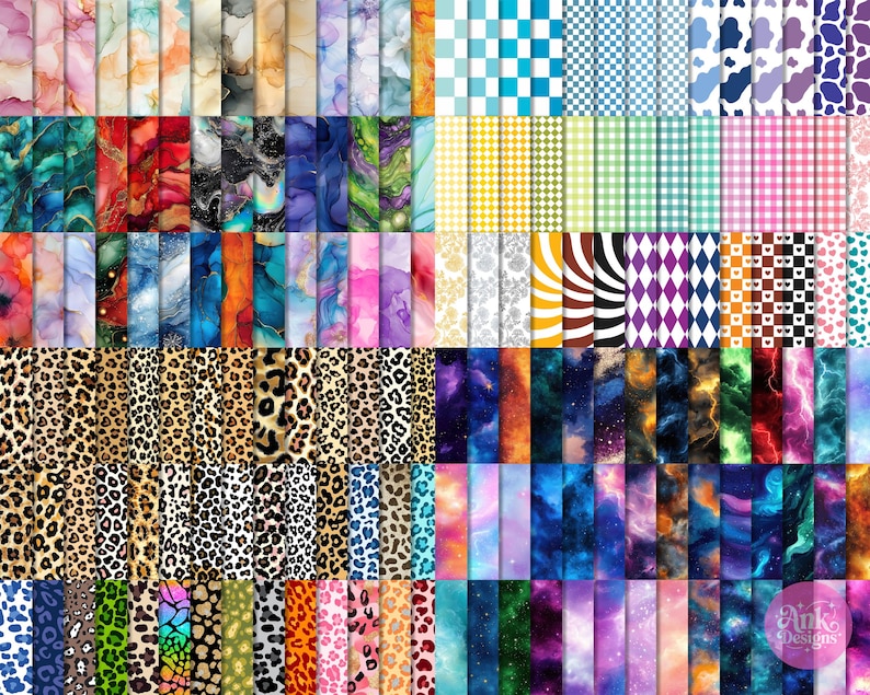 May include: A collection of patterned digital papers in various designs. The papers feature watercolor, galaxy, animal print, and geometric patterns. Colors include blue, pink, green, orange, and purple. The image also includes the text "Ank Designs".