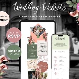Sage & Dusty Rose Garden Wedding Website with RSVP Function: Editable Canva Template (Digital Download)