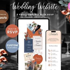Terracotta & Dusty Blue Wedding Website with RSVP Function: Editable Canva Template (Digital Download)