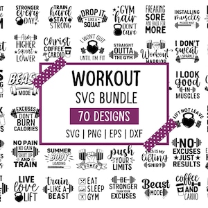 Op de afbeelding: Een bundel met 70 workout-thema SVG-ontwerpen in zwart en wit. De ontwerpen bevatten motiverende zinnen zoals "Train Hard, Stay Strong" en "Push Your Limits". Formaten: SVG, PNG, EPS, DXF. Ideaal voor fitnessliefhebbers.