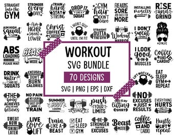 Puede incluir: Un conjunto de 70 diseños SVG con temática de entrenamiento en blanco y negro. Los diseños incluyen frases motivadoras como "Entrena duro, mantente fuerte" y "No te rindas". Formatos: SVG, PNG, EPS, DXF. Ideal para entusiastas del fitness.