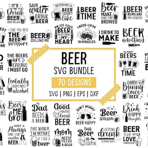 May include: A collection of 70 beer-themed SVG designs in a variety of styles. The designs include phrases like "Got Beer?", "Beer Time", and "Dad Needs a Beer". The bundle is available in SVG, PNG, EPS, and DXF formats.