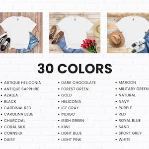 K&ouml;nnte beinhalten: Wei&szlig;e T-Shirts werden mit Jeansshorts, Schuhen und Accessoires pr&auml;sentiert. Das Bild zeigt eine Vielzahl von T-Shirt-Farben, darunter Schwarz, Rot und Blau. Der Text "30 COLORS" ist prominent dargestellt und listet verschiedene Farboptionen auf.