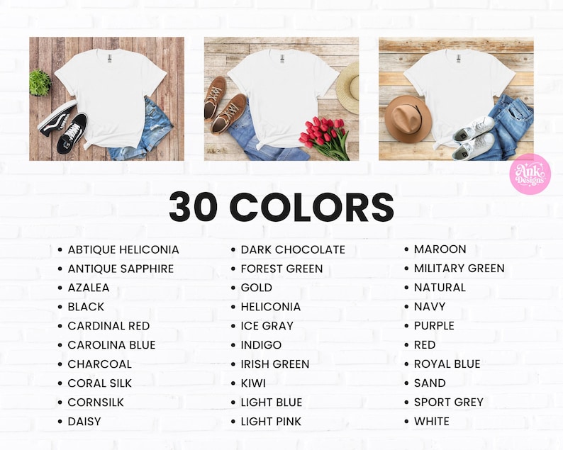 K&ouml;nnte beinhalten: Wei&szlig;e T-Shirts werden mit Jeansshorts, Schuhen und Accessoires pr&auml;sentiert. Das Bild zeigt eine Vielzahl von T-Shirt-Farben, darunter Schwarz, Rot und Blau. Der Text "30 COLORS" ist prominent dargestellt und listet verschiedene Farboptionen auf.