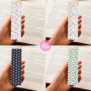May include: Four decorative bookmarks are shown, each held over an open book. The bookmarks feature different designs: unicorns, floral patterns, a star pattern, and a leaf pattern. The "Ank Designs" logo is visible.
