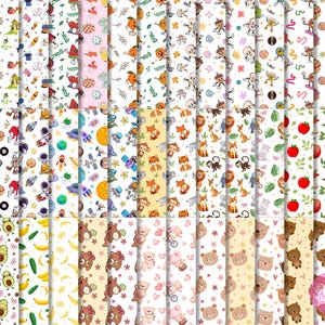 May include: A selection of colourful digital papers with diverse patterns. Designs include cartoon characters, space themes, animals, fruits, and teddy bears. The papers have a white background, suitable for crafts and digital projects.