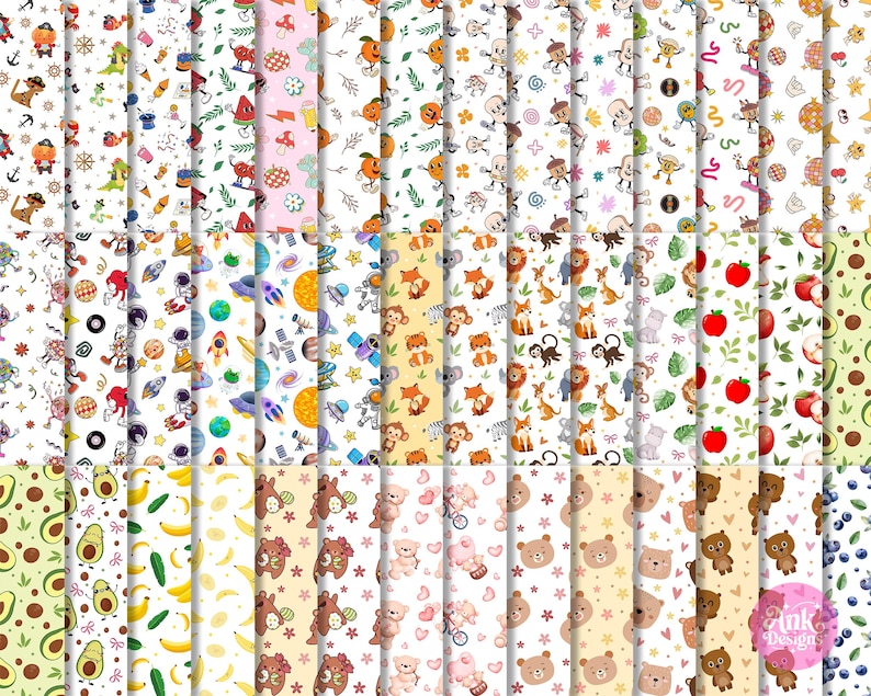 May include: A selection of colourful digital papers with diverse patterns. Designs include cartoon characters, space themes, animals, fruits, and teddy bears. The papers have a white background, suitable for crafts and digital projects.