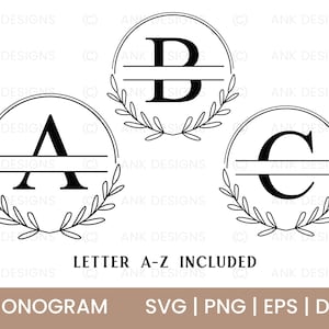 May include: Monogram designs in black and white, showcasing the letters A, B, and C within circular frames, each with a horizontal line and a laurel wreath. The text "LETTER A-Z INCLUDED" and "MONOGRAM" are also present.