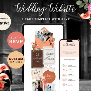 Peach & Coral Garden Wedding Website with RSVP Function: Editable Canva Template (Digital Download)