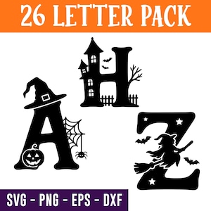 Może przedstawiać: Cyfrowy zestaw graficzny zatytułowany 26 LETTER PACK przedstawiający czarne sylwetki liter A, H i Z, ozdobione motywami halloweenowymi, takimi jak kapelusz czarownicy, dynia, pajęczyna, nawiedzony dom, nietoperze oraz czarownica na miotle.
