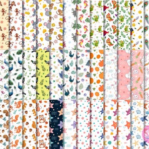 May include: A selection of colourful digital papers showcasing diverse patterns. Designs include monkeys, mice, birds, peacocks, rabbits, squirrels, owls, starfish, and more. Each pattern is unique, with a repeating design of the featured animal or object.