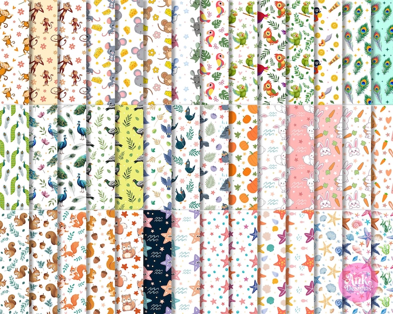 May include: A selection of colourful digital papers showcasing diverse patterns. Designs include monkeys, mice, birds, peacocks, rabbits, squirrels, owls, starfish, and more. Each pattern is unique, with a repeating design of the featured animal or object.