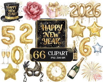 New Year 2026 Watercolor Clipart Bundle: HQ PNG Images (Digital Download)