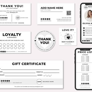 Puede incluir: Una colecci&oacute;n de plantillas de papeler&iacute;a comercial en blanco y negro. Incluye tarjetas de agradecimiento, tarjetas de visita, certificados de regalo, tarjetas de fidelidad y una lista de precios y perfil de empresa en un smartphone.