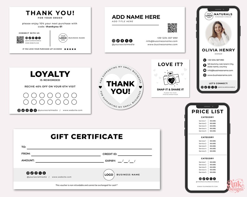Puede incluir: Una colecci&oacute;n de plantillas de papeler&iacute;a comercial en blanco y negro. Incluye tarjetas de agradecimiento, tarjetas de visita, certificados de regalo, tarjetas de fidelidad y una lista de precios y perfil de empresa en un smartphone.
