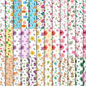 May include: A selection of patterned digital papers in a variety of designs. The papers feature elephants, fish, flamingos, flowers, foxes, and kangaroos. Background colours include white, blue, and pink. These papers are suitable for craft projects and digital design, with measurements in centimetres.