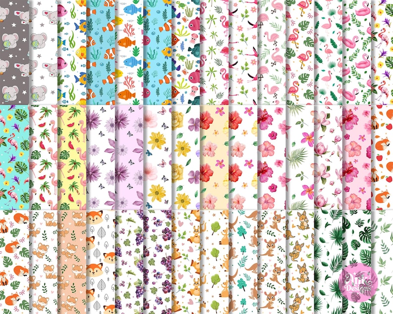 May include: A selection of patterned digital papers in a variety of designs. The papers feature elephants, fish, flamingos, flowers, foxes, and kangaroos. Background colours include white, blue, and pink. These papers are suitable for craft projects and digital design, with measurements in centimetres.