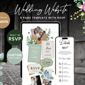 Eucalyptus Wedding Website with RSVP Function: Editable Canva Template (Digital Download)